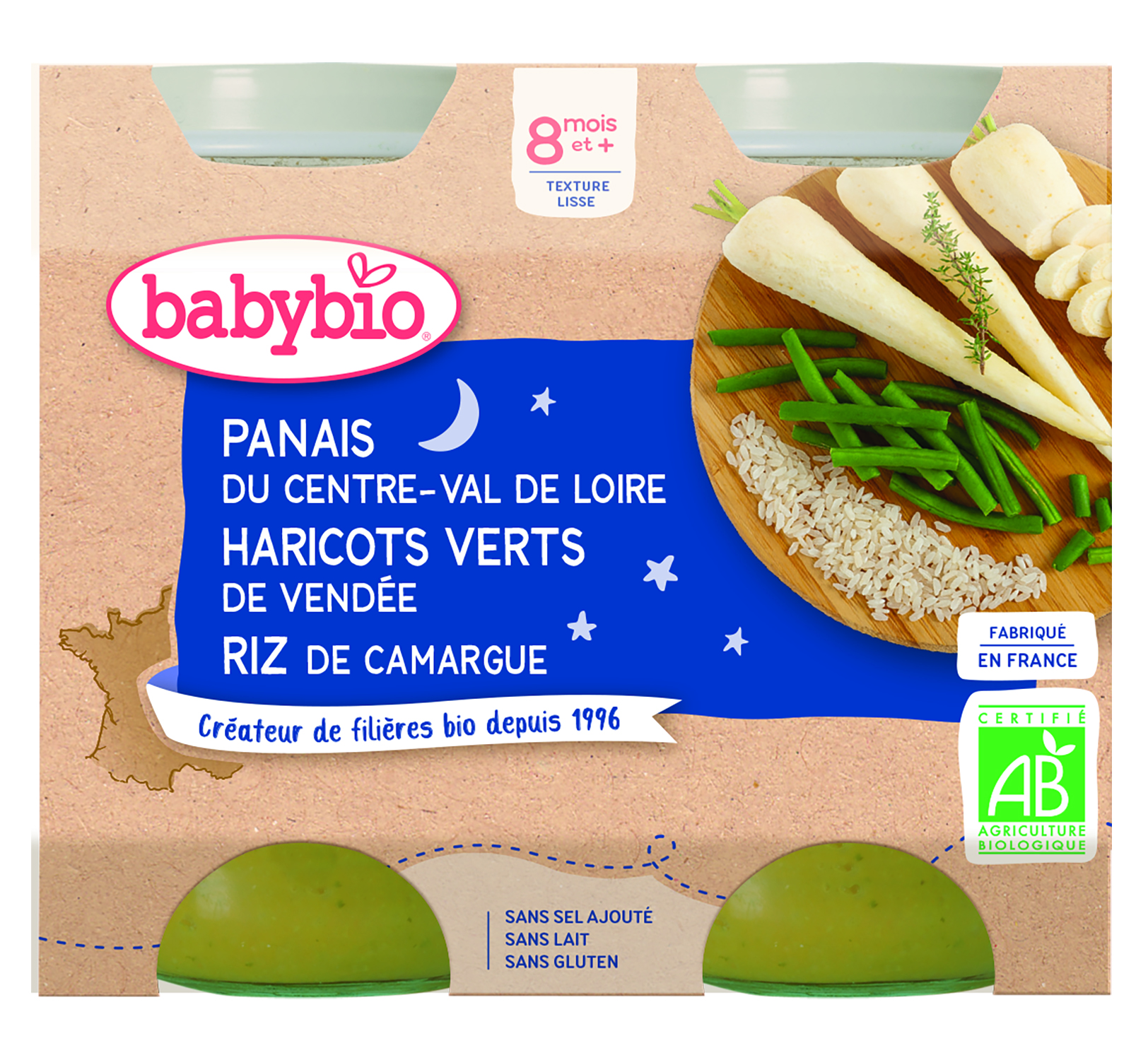 Babybio მენიუ "ძილინებისა" - ძირთეთრა და ფრანგული ლობიო ბრინჯით, 8 თვ. 200გ. x 2ც.