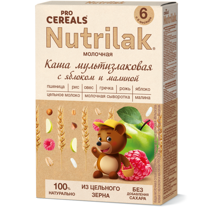 Nutrilak Premium რძიანი ფაფა მულტიმარცვალი ვაშლით და ჟოლოთი (6 თვიდან)